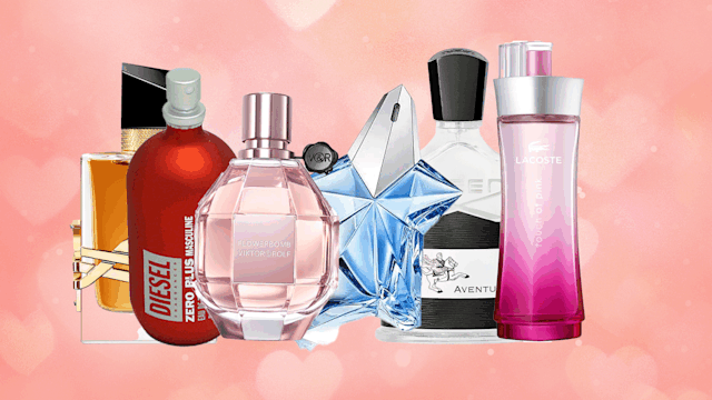 collage of fragrances on a pink heart background 