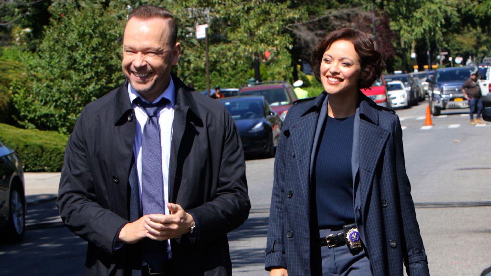 Donnie Wahlberg and Marisa Ramirez are seen on the set of "Blue Bloods" on September 19, 2019 in New York City