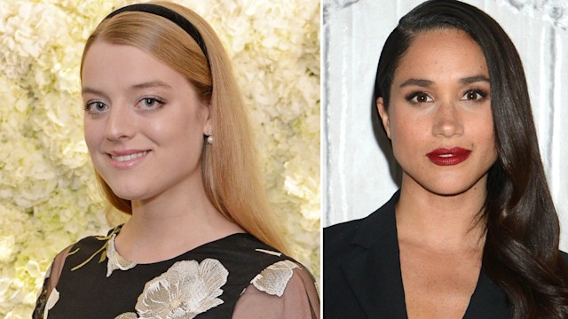 Flora Vesterberg in a black dress and Meghan Markle in red lipstick