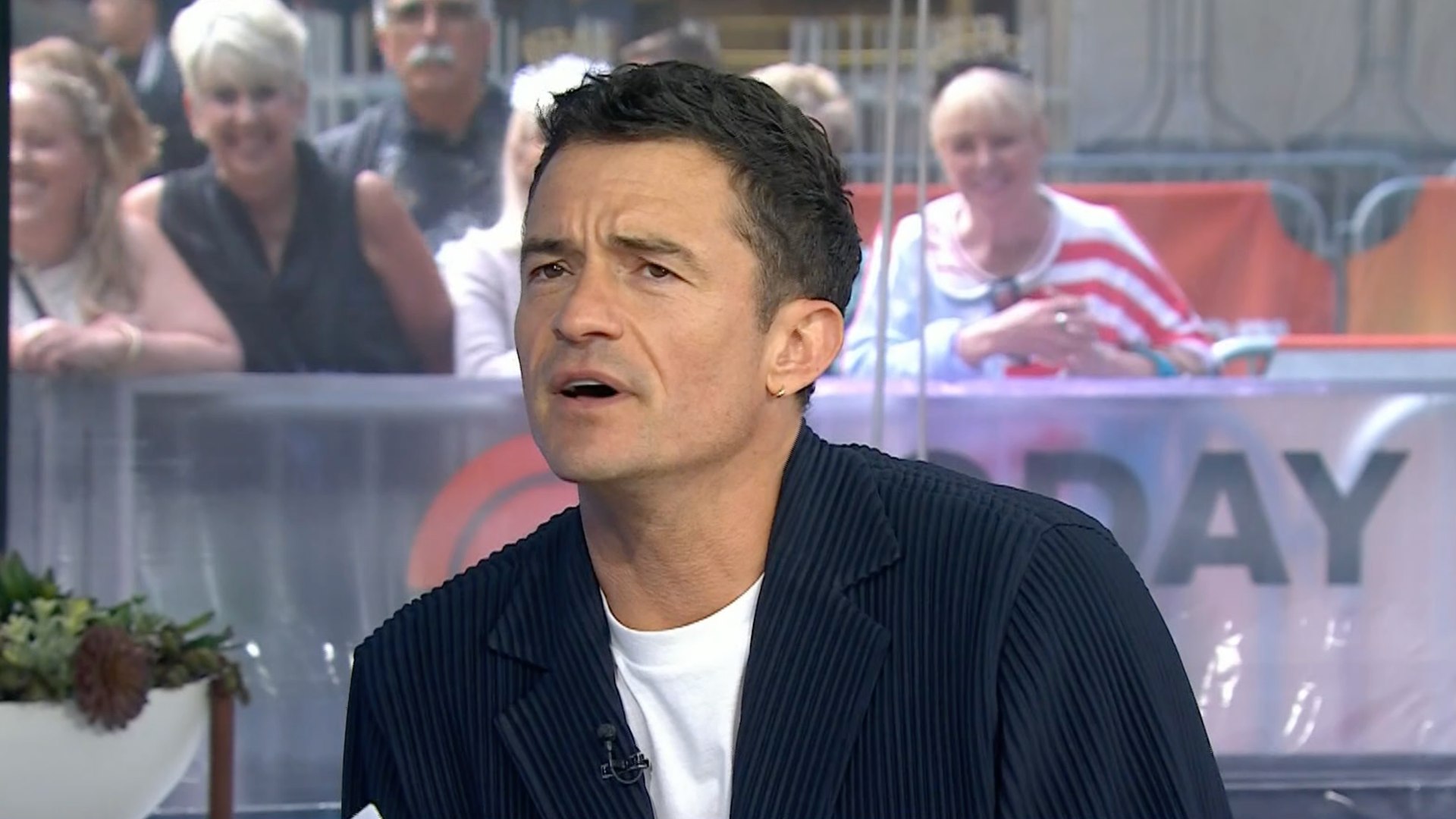 Orlando Bloom in blazer and white top on Today Show