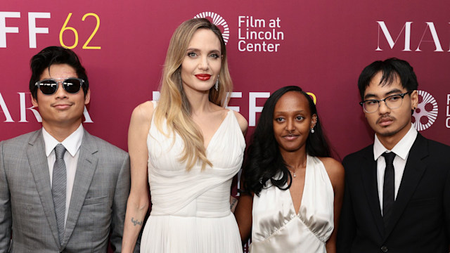 Pax Thien Jolie-Pitt, Angelina Jolie, Zahara Marley Jolie and Maddox Chivan Jolie-Pitt attend the "Maria" screening during the 62nd New York Film Festival at Alice Tully Hall, Lincoln Center on September 29, 2024 in New York City