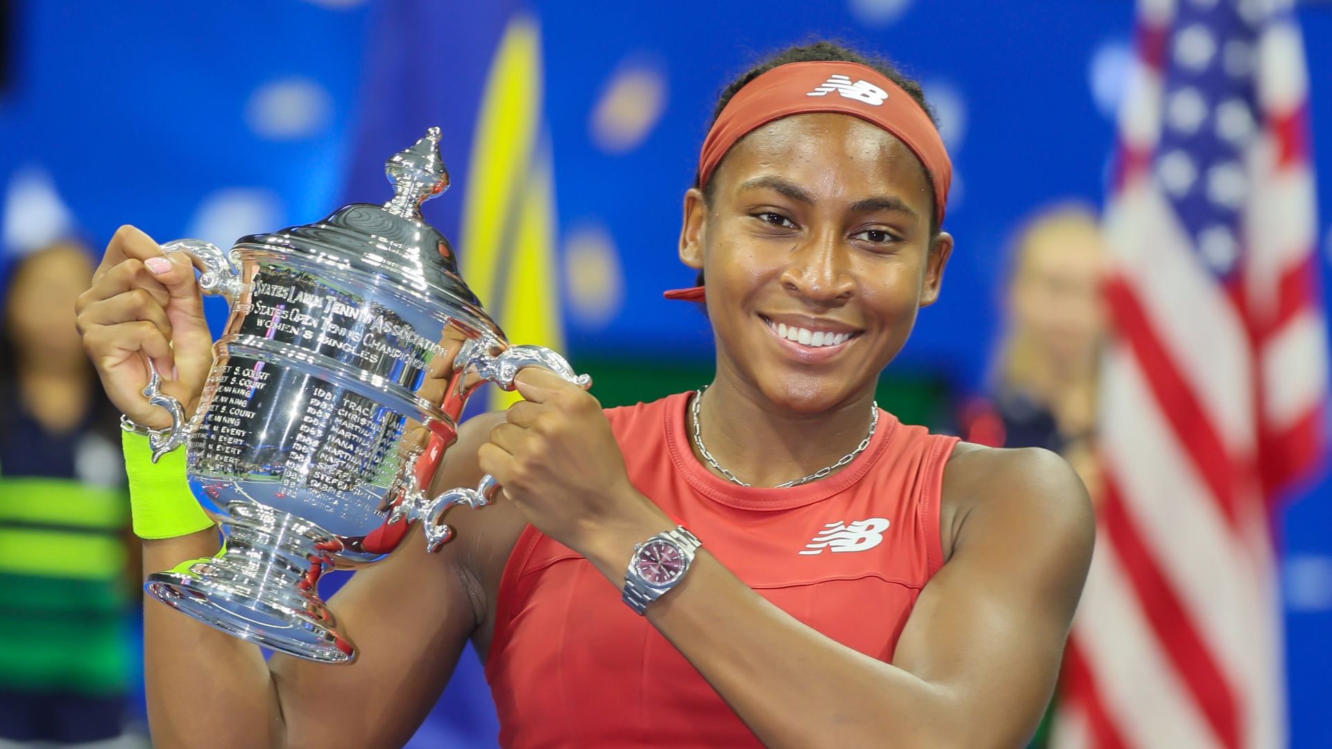 Coco Gauff holding her trophy after defeating Aryna Sabalenka to win her first grand slam in the the Women's Singles US Open Tennis Championships in New York on Sept. 9, 2023