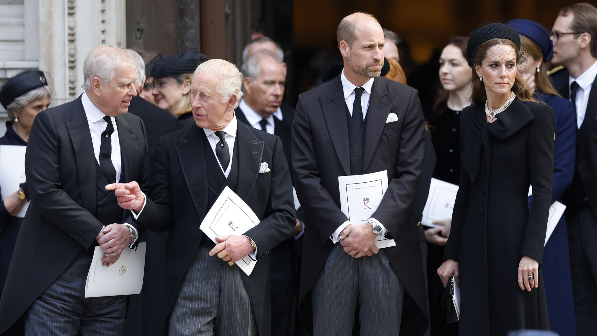 Prince Andrew with King Charles and Prince William and Kate Middleton at the Duchess of Kent's funeral 