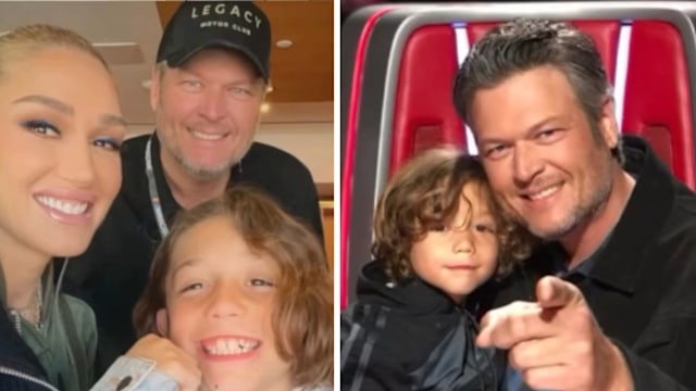 Composite image of Blake Shelton with Gwen Stefani and son Apollo on the left, and on the right, a picture of Apollo sitting on Blake's lap
