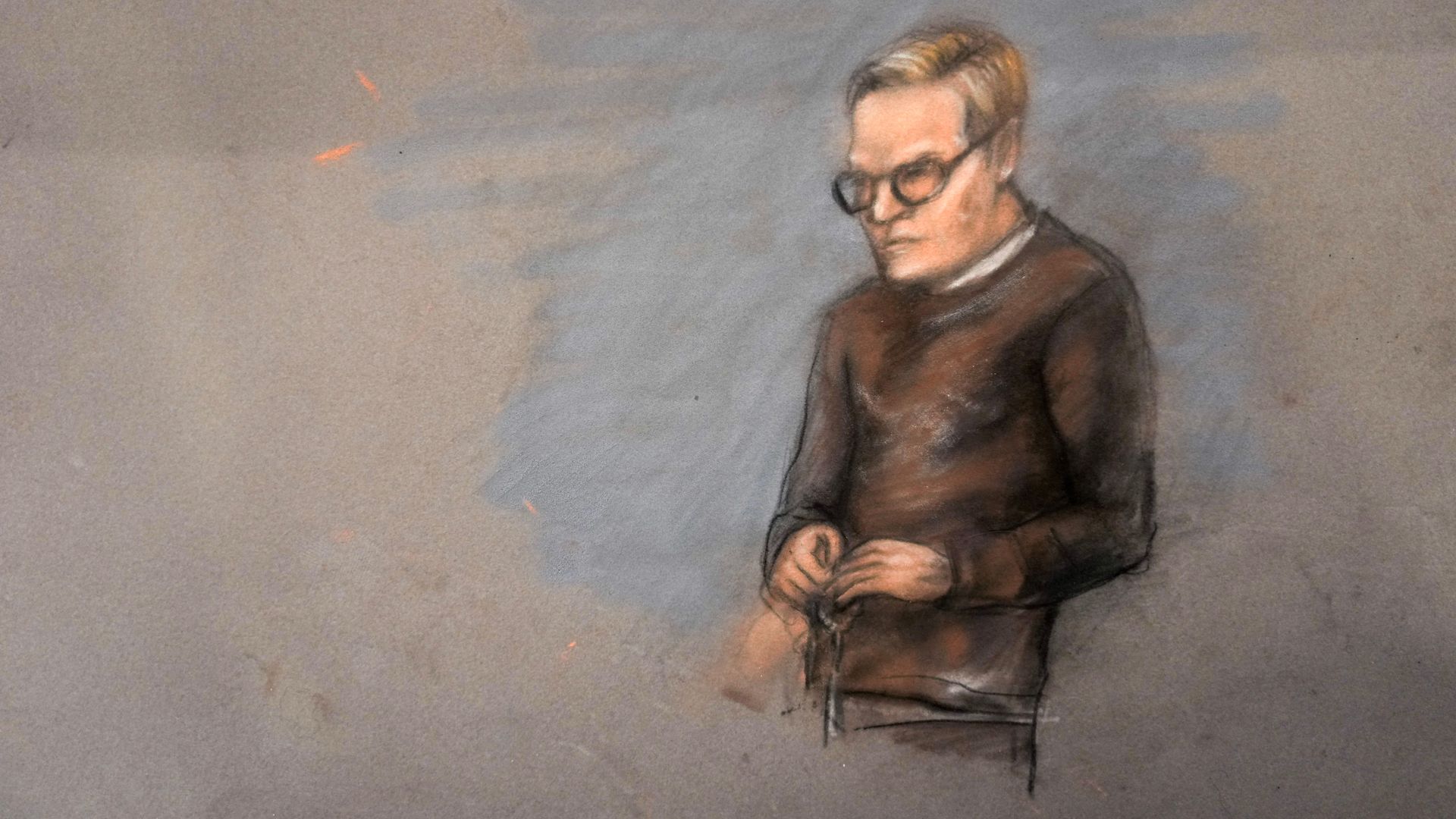 Drawing of Marius Borg Hoiby during the first day of his trial at Oslo District Court on 3rd February 2026