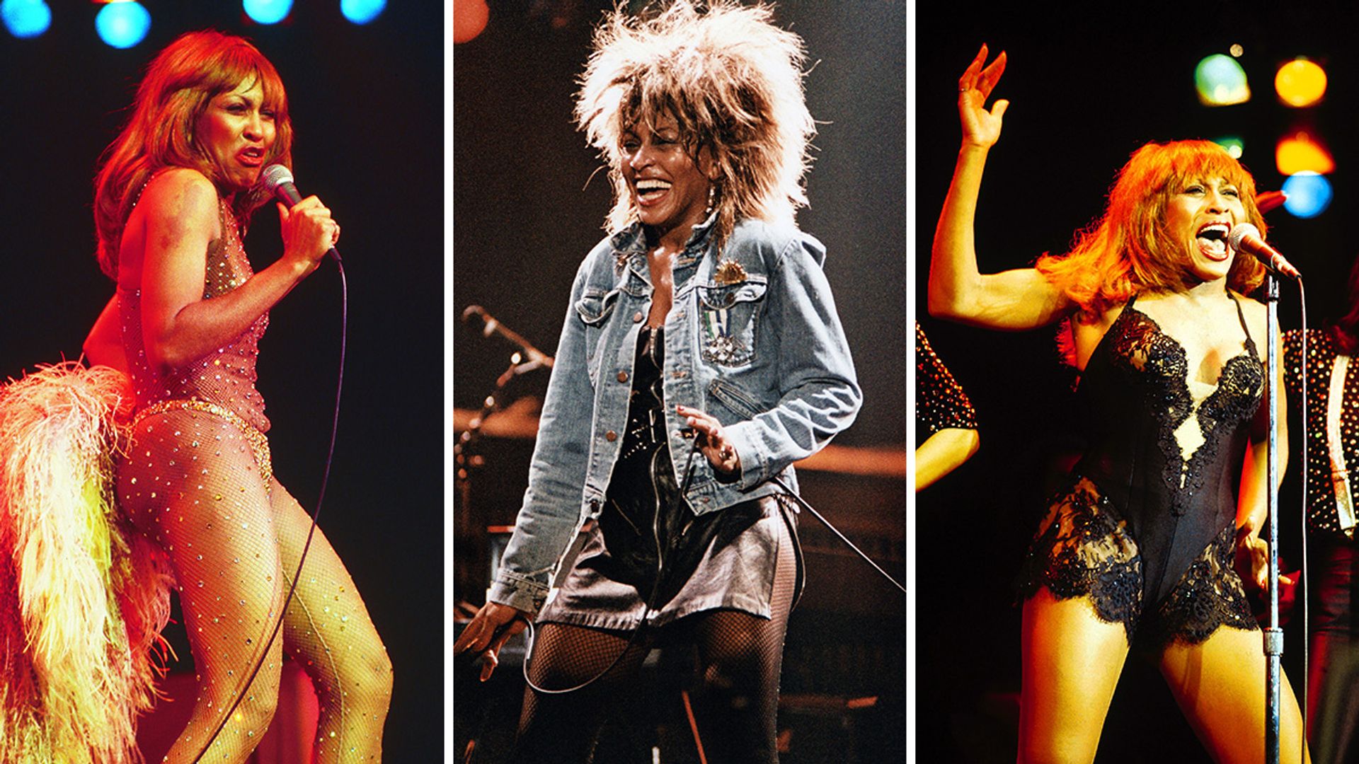 Three images of Tina Turner: wearing a bedazzled bodystocking, a denim jacket and a black lace mini dress