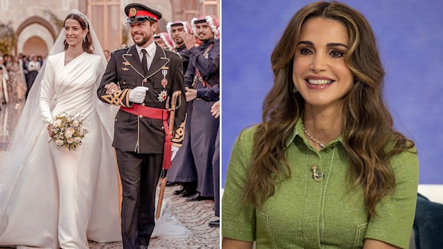 Rajwa and prince hussein on wedding day and queen rania in green