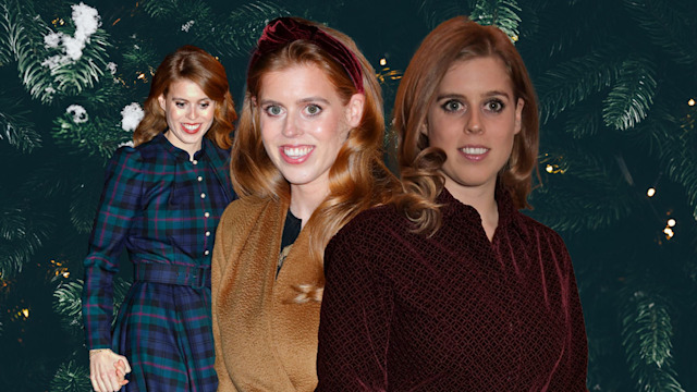 Collage of Princess Beatrice layered on top of a christmas tree