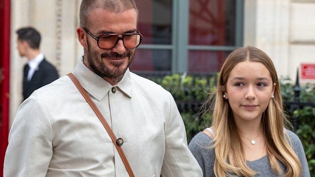 David Beckham and daughter Harper Beckham are seen on September 30, 2023 in Paris, France