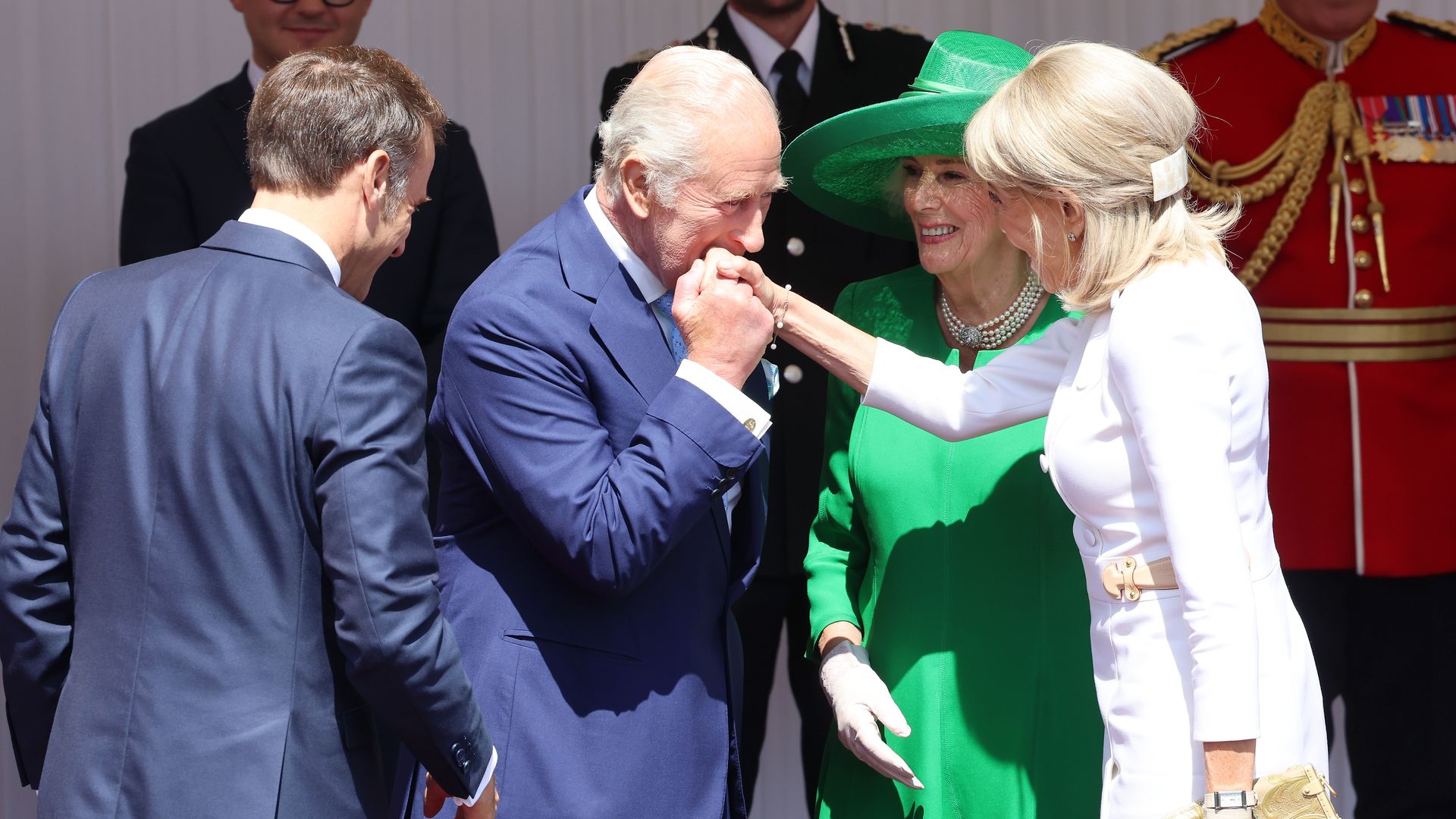 President of France, Emmanuel Macron  and Brigitte Macron are received by King Charles and Queen Camilla