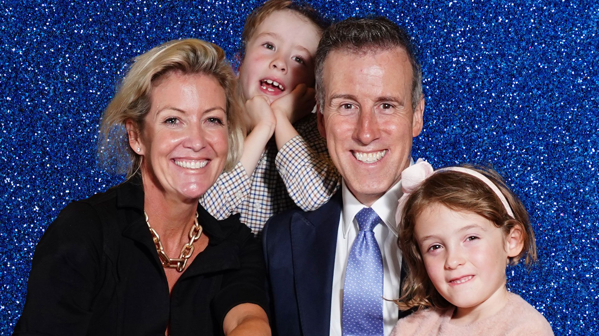 Anton Du Beke with wife and kids on glitter backdrop