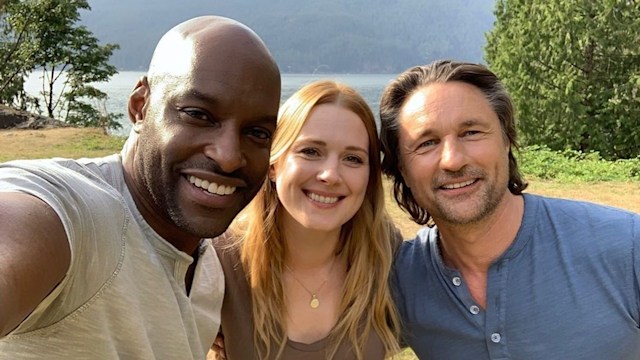 Colin Lawrence, Alexandra Breckenridge and Martin Henderson on the set of Virgin River 