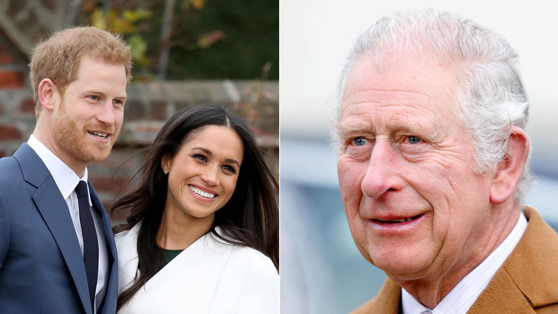 A split image of King Charles smiling and Prince Harry and Meghan Markle smiling