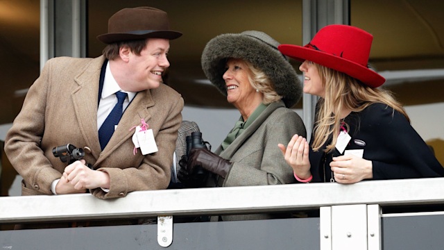 Tom Parker Bowles, Queen Camilla and Laura Lopes watching horses race