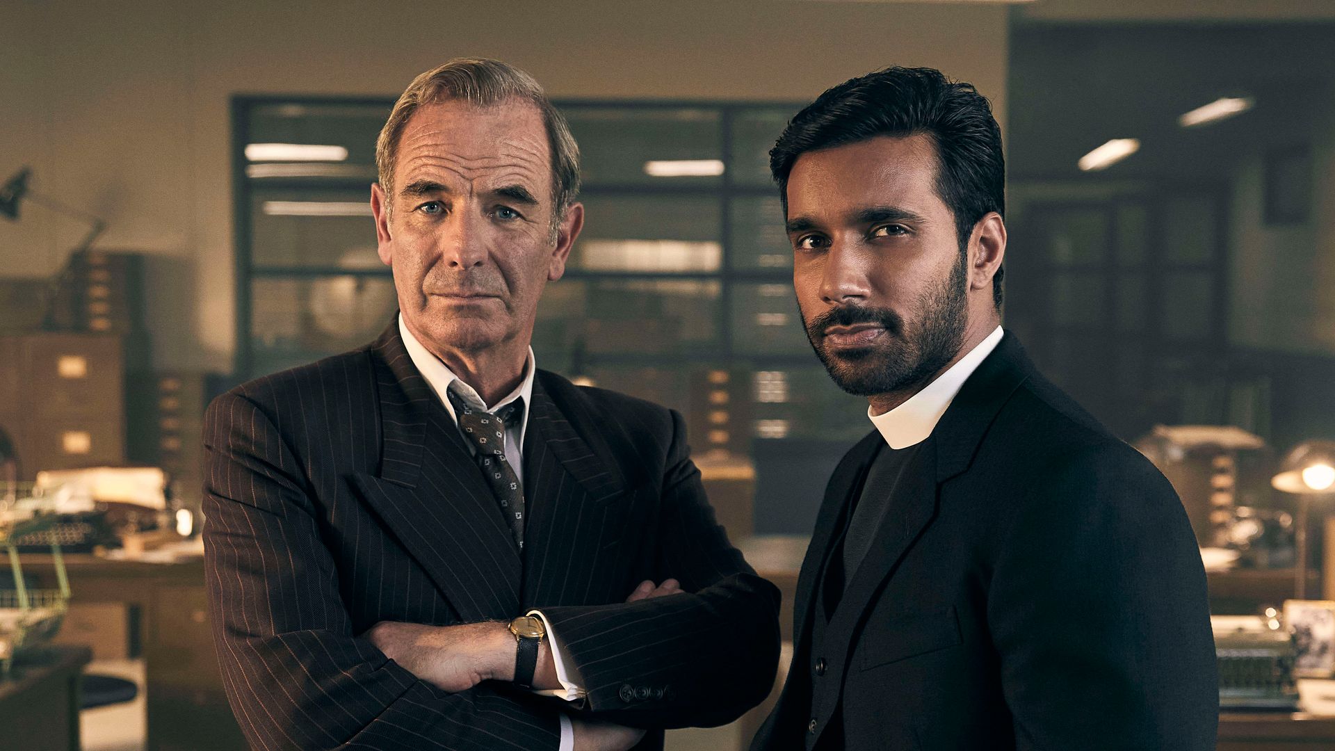 DI Geordie Keating [Robson Green] and Reverend Alphy Kotteram [Rishi Nair] in Grantchester