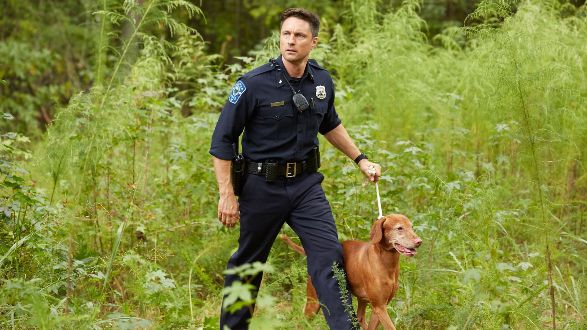 police officer walking dog through grass