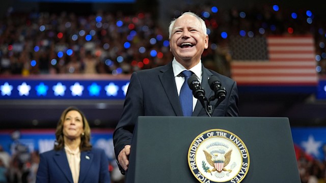 Democratic vice presidential candidate Minnesota Gov. Tim Walz speaks during a campaign rally with Democratic presidential candidate, U.S. Vice President Kamala Harris at the Liacouras Center at Temple University on August 6, 2024 in Philadelphia, Pennsylvania. Harris ended weeks of speculation about who her running mate would be, selecting the 60-year-old midwestern governor over other candidates.