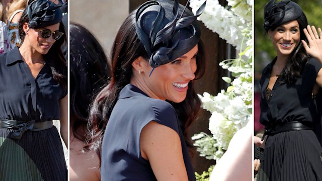 Meghan Markle in a blue pleated wedding guest dress and hat