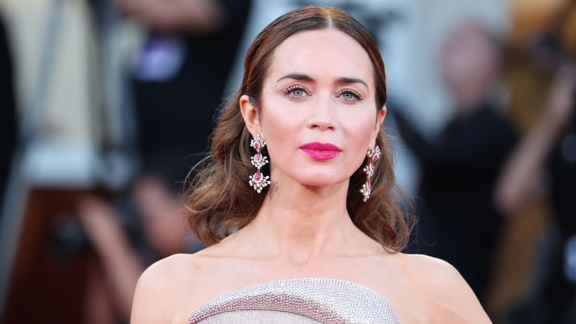 Emily Blunt at Venice Film festival with pink lipstick