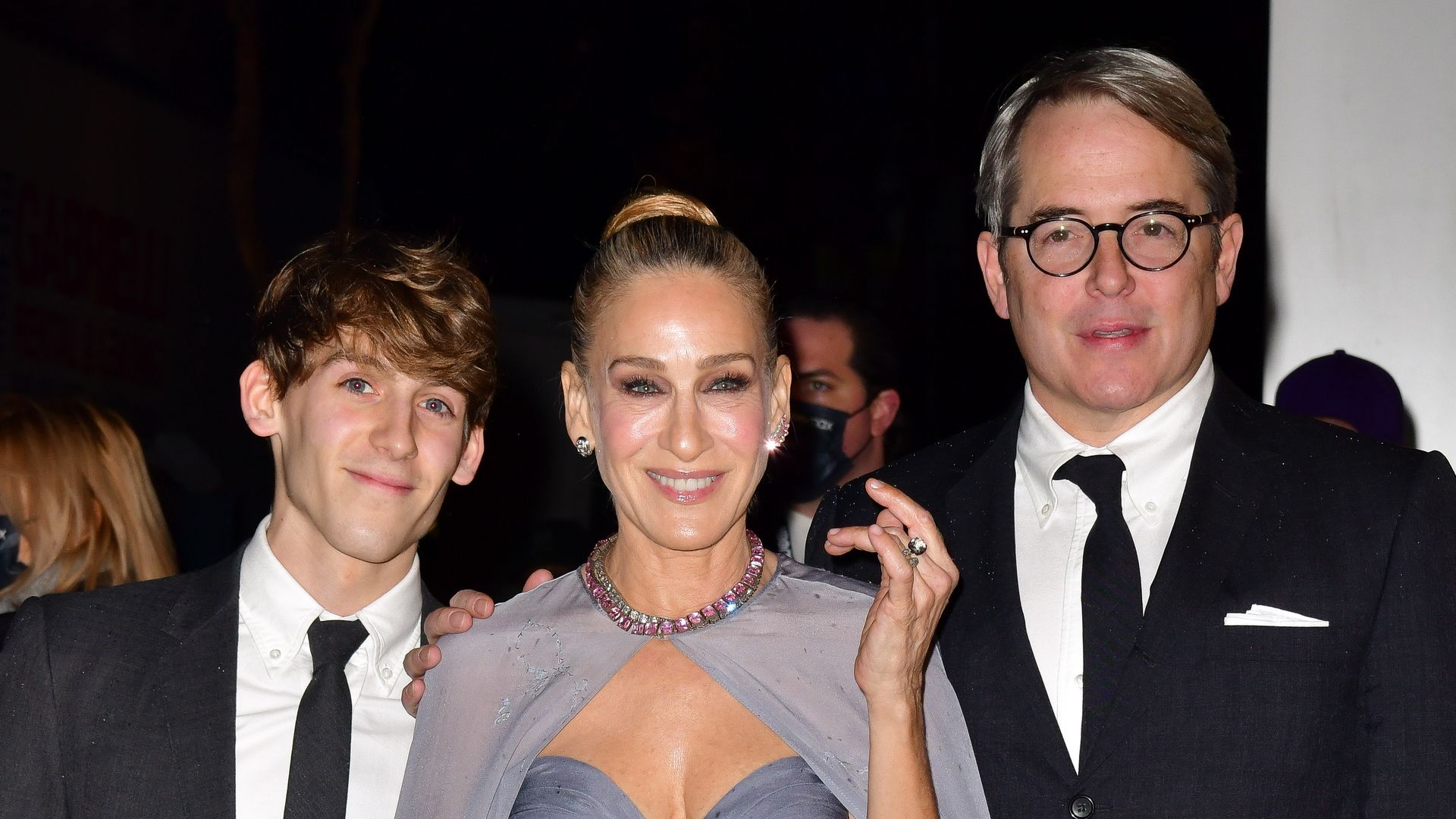 James Wilkie Broderick, Sarah Jessica Parker and Matthew Broderick arrive to premiere of "And Just Like That" at Museum of Modern Art on December 08, 2021 in New York City