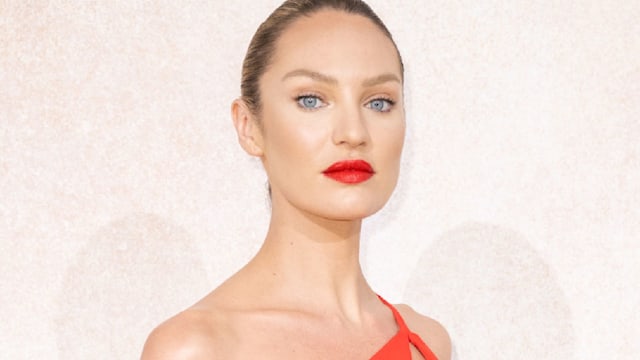 candice swanepoel wearing sexy red one shoulder outfit
