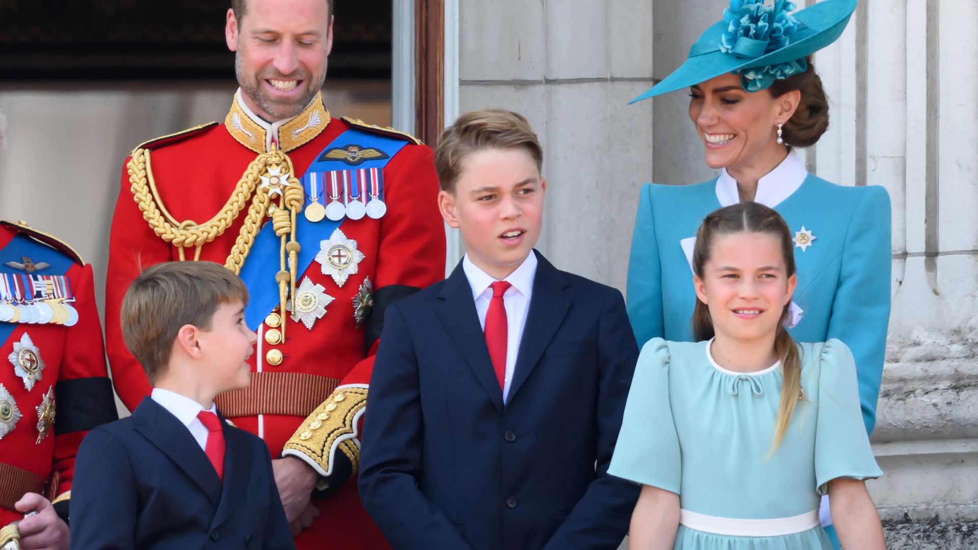 Prince Louis, Prince William, Prince George, Catherine, Princess of Wales and Princess Charlotte on the balcony of Buckingham Palace during Trooping The Colour 2025 on June 14, 2025