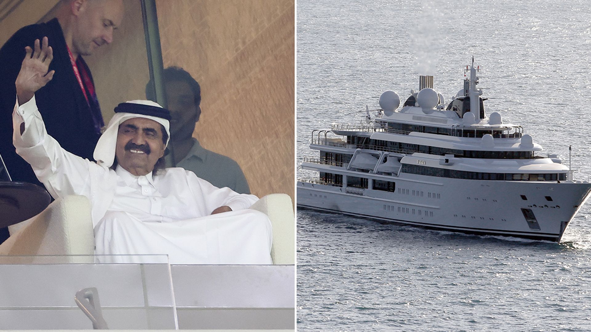 Split image of Hamad bin Khalifa Al Thani waving and of the Katara Superyacht
