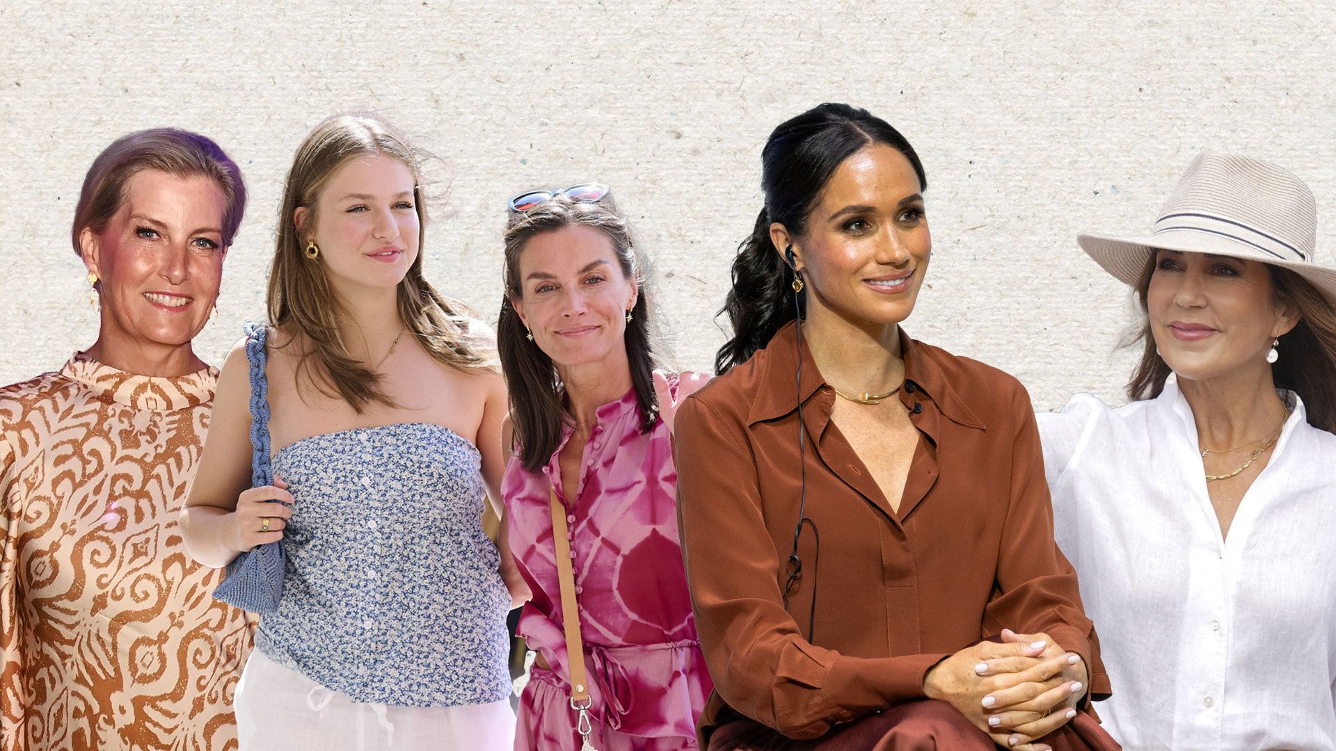 duchess sophie, princess leonor, queen letizia, meghan markle, queen mary on neutral backdrop