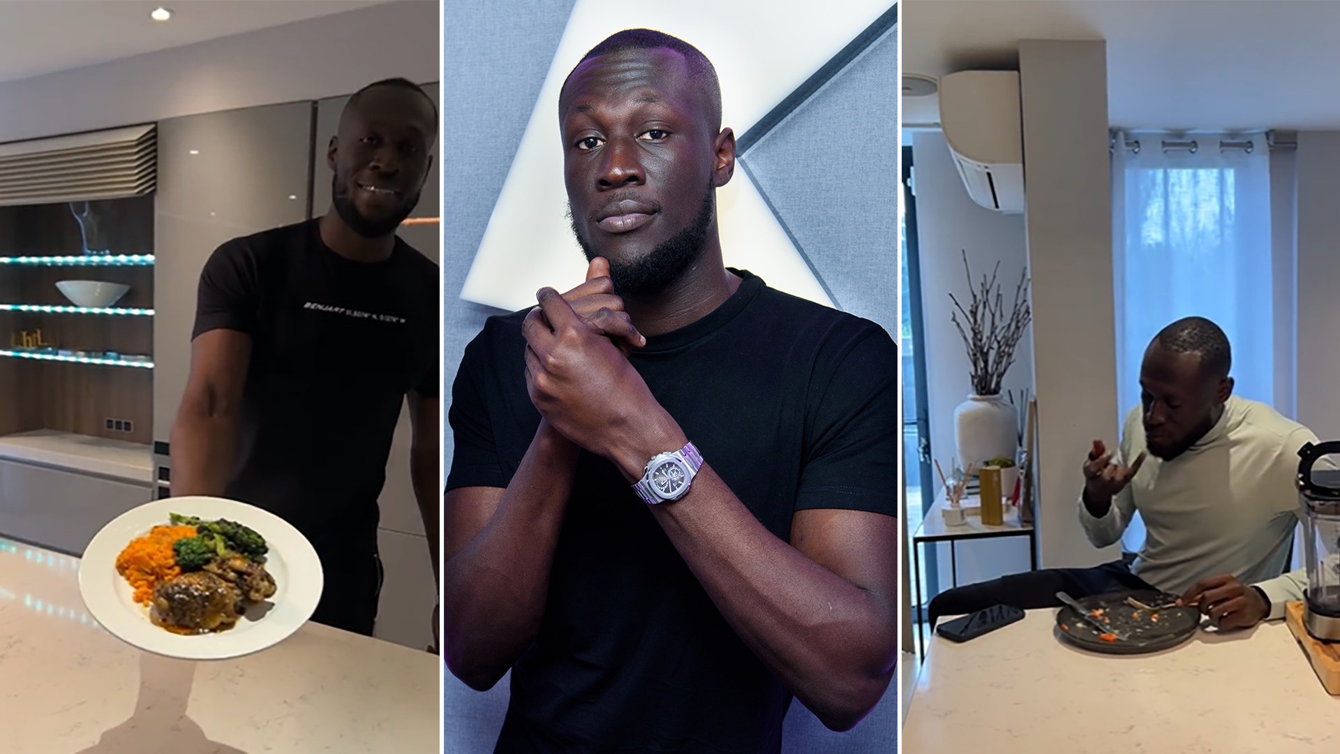 Split image showing Stormzy in his London home