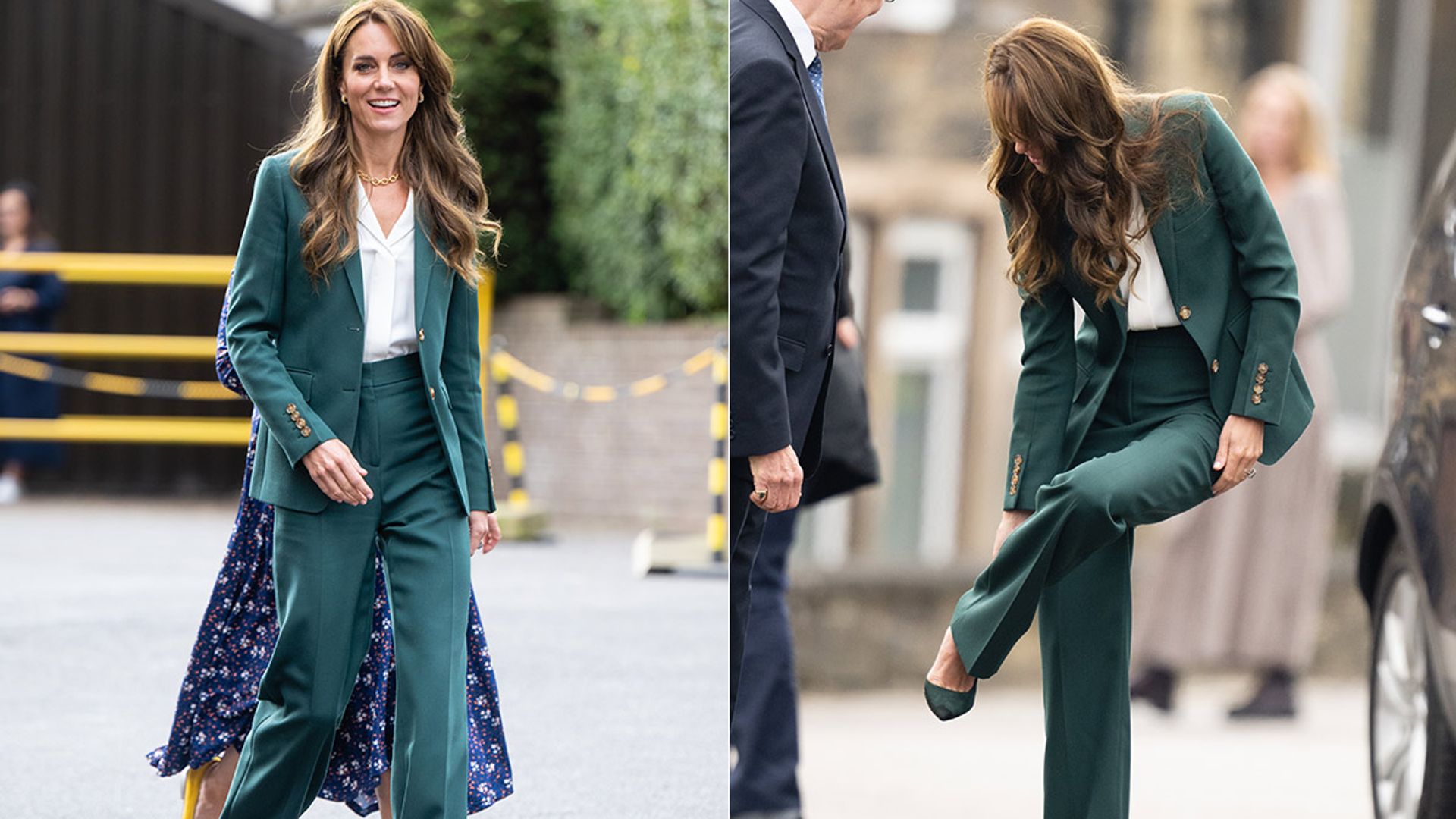 Princess Kate laughs off awkward shoe moment as she visits textile mill in Leeds