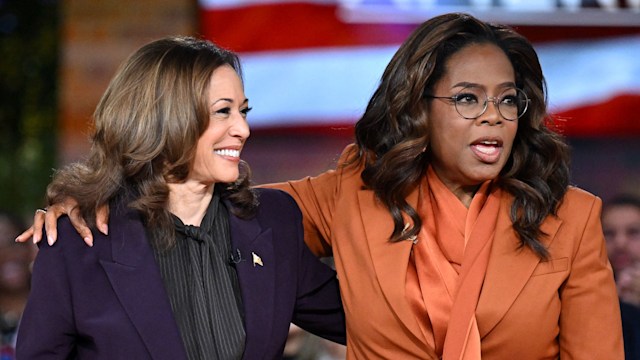 Kamala Harris (L) joins US television producer Oprah Winfrey at a 'Unite for America' live streaming rally in Farmington Hills, Michigan, on September 19, 2024