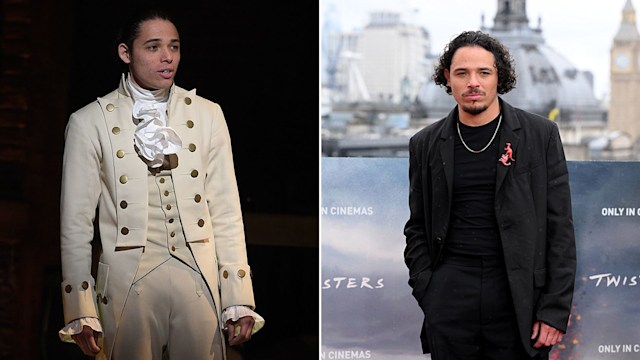 Split image of Anthony Ramos in Hamilton and with a sullen expression