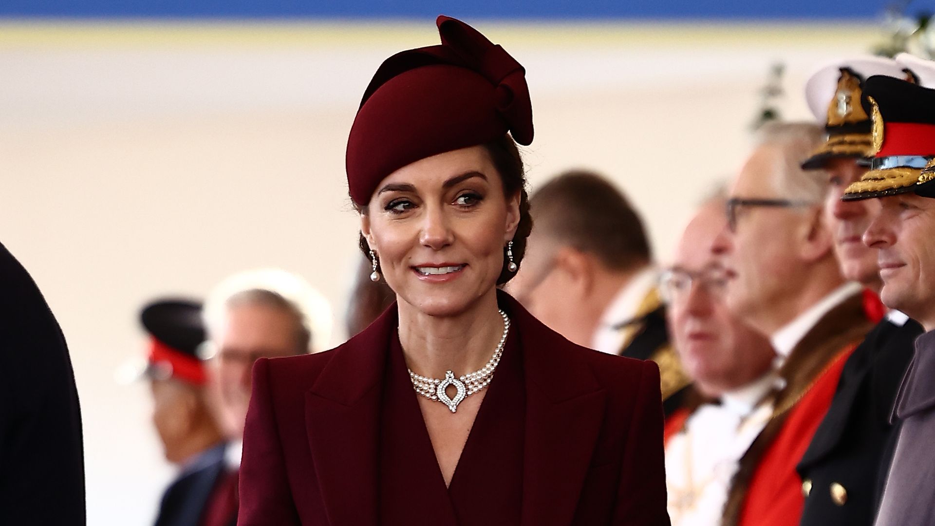 rince William, Prince of Wales and Catherine, Princess of Wales greet dignitaries as she arrives to form part of a Ceremonial Welcome at Horse Guards Parade during day one of The Amir of the State of Qatar's visit to the United Kingdom on December 3, 2024 in London, England.