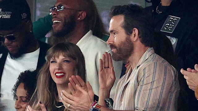 Singer Taylor Swift and Actor Ryan Reynolds cheer prior to the game between the Kansas City Chiefs and the New York Jets at MetLife Stadium on October 01, 2023 in East Rutherford, New Jersey. (Photo by Elsa/Getty Images)