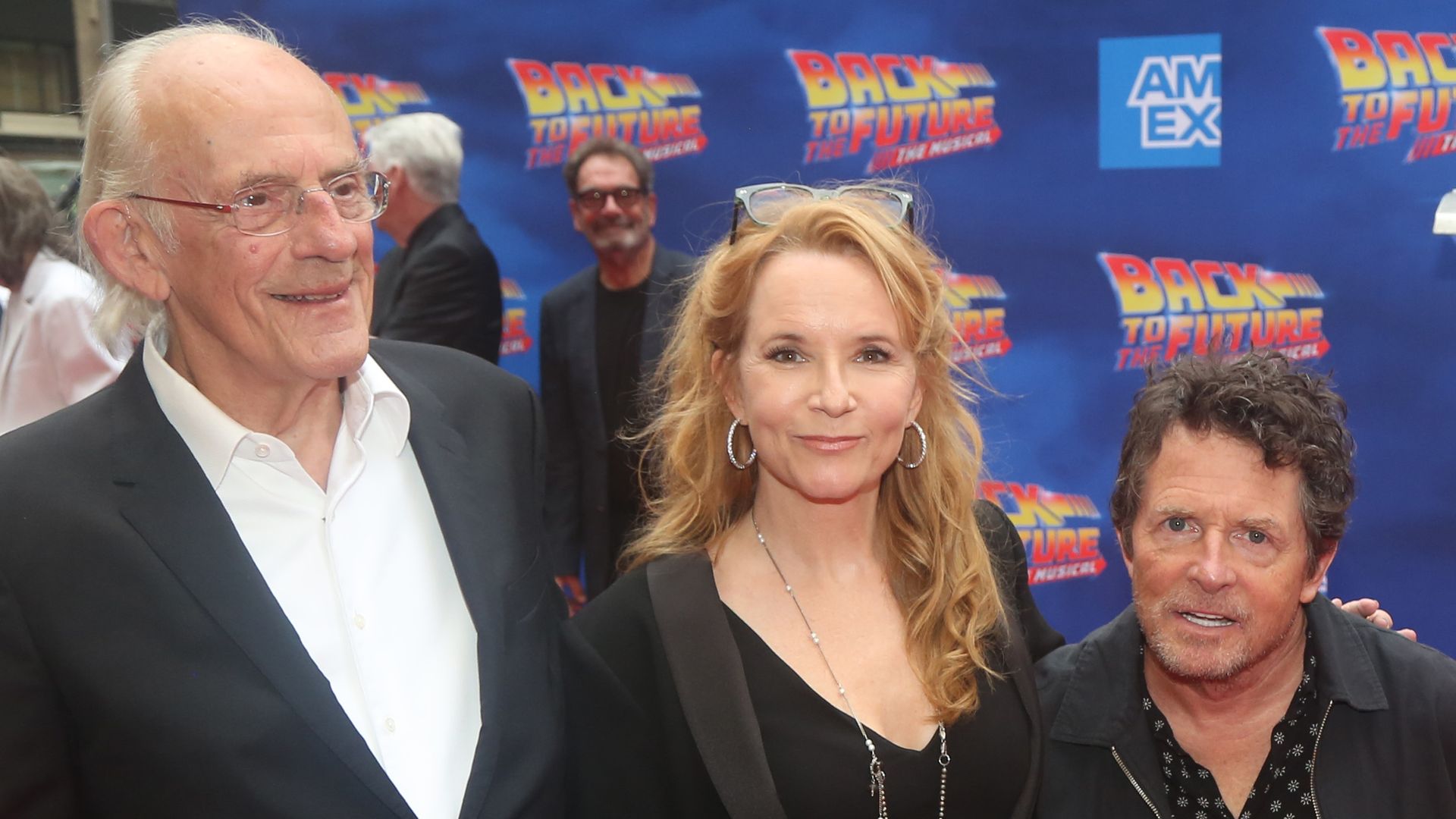 Christopher Lloyd, Lea Thompson and Michael J. Fox pose at the Michael J. Fox Foundation opening night gala performance "Back to the Future: The Musical" at The Winter Garden Theatre on July 25, 2023 in New York City