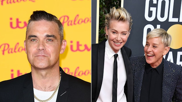 split image showing robbie williams and ellen with her wife Portia 