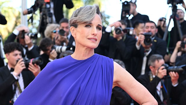 andie macdowell looking gorgeous in a purple and blue long evening dress at cannes film festival 