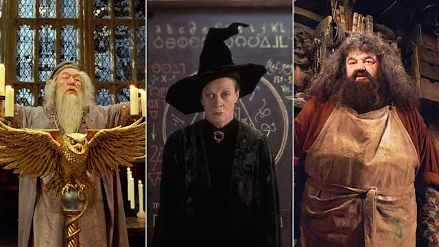 Split image of Michael Gambon, Maggie Smith and Robbie Coltrane as their Harry Potter characters