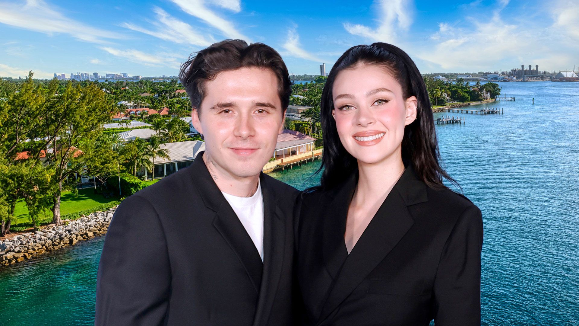 Nicola and Brooklyn Peltz-Beckham in black over aerial view of palm beach port