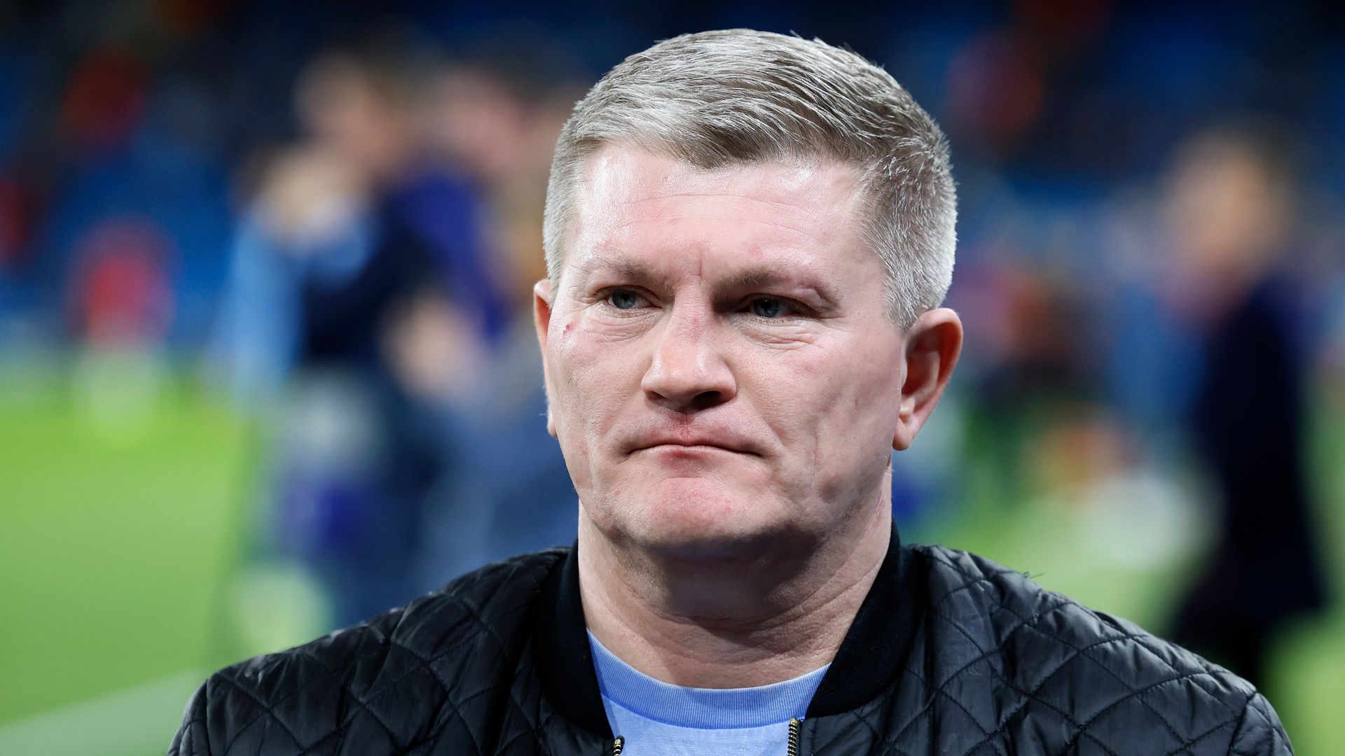 Close up of Ricky Hatton at a football match between Manchester City and AC Sparta Praha at City of Manchester Stadium in 2023. 