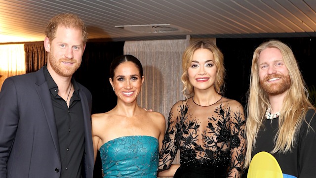 Prince Harry, Duke of Sussex, Meghan, Duchess of Sussex, Rita Ora and Sam Ryder pose before the closing ceremony of the Invictus Games DÃ¼sseldorf 2023 at Merkur Spiel-Arena on September 16, 2023 in Duesseldorf, Germany. 