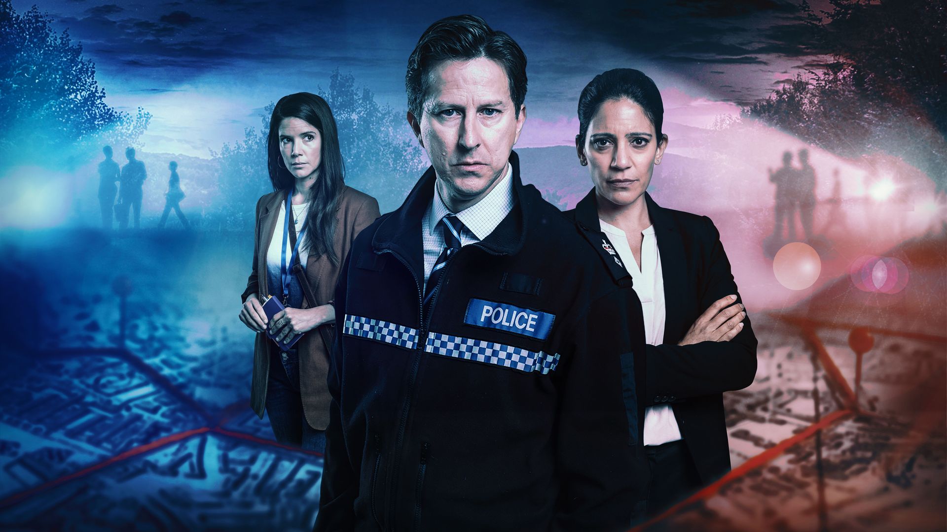 Lee Ingleby as Neil Adams, Vineeta RISHI as Nisha Roberts and Sonya CASSIDY as Diane Barnwell on the show's official poster