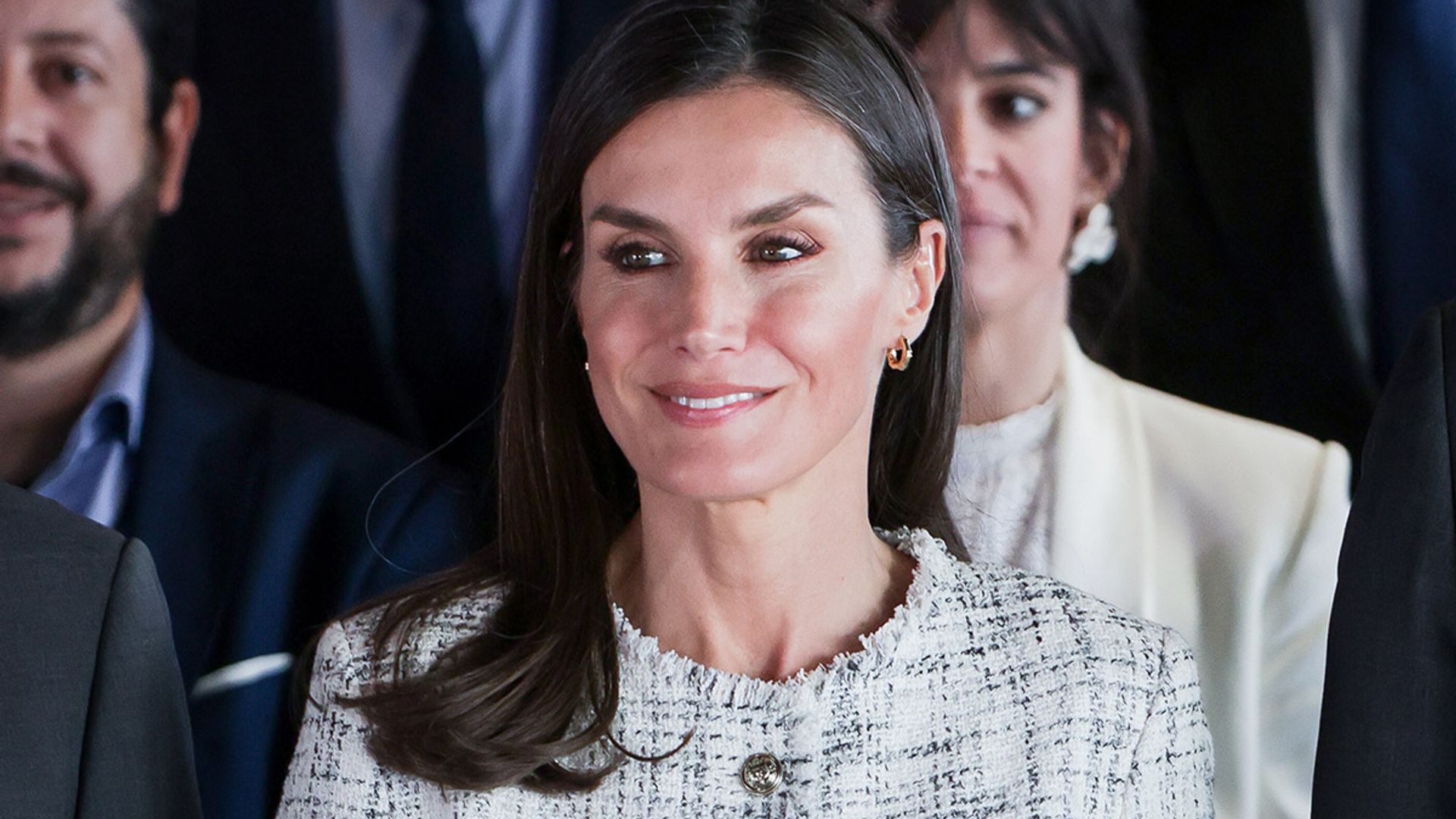 Queen Letizia looks chic in tweed jacket and smoky eye make-up today