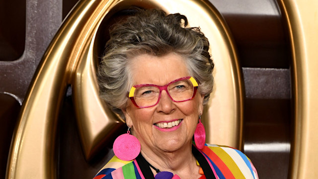 Prue Leith in a rainbow-coloured outfit
