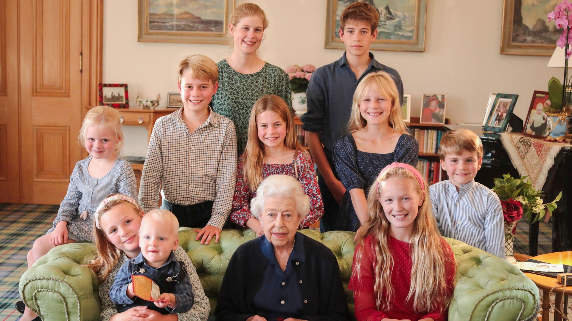 The Queen with some of her grandchildren and great grandchildren (back row, left to right) Lady Louise Windsor Mountbatten-Windsor and James, Prince Edward, (middle row, left to right) Lena Elizabeth Tindall, Prince George, Princess Charlotte, Isla Phillips, Prince Louis, and (front row, left to right) Mia Grace Tindall holding Lucas Tindall, Queen Elizabeth II and Savannah Phillips