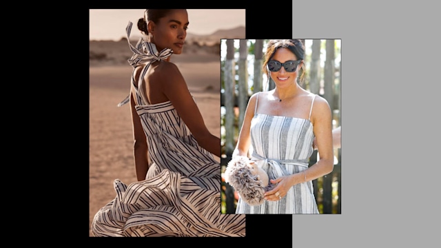 Meghan Markle's striped reformation dress & similar lookalike in Mint Velvet