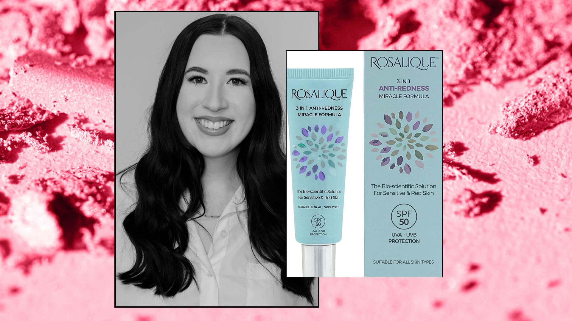 katie next to Rosalique 3-in-1 product