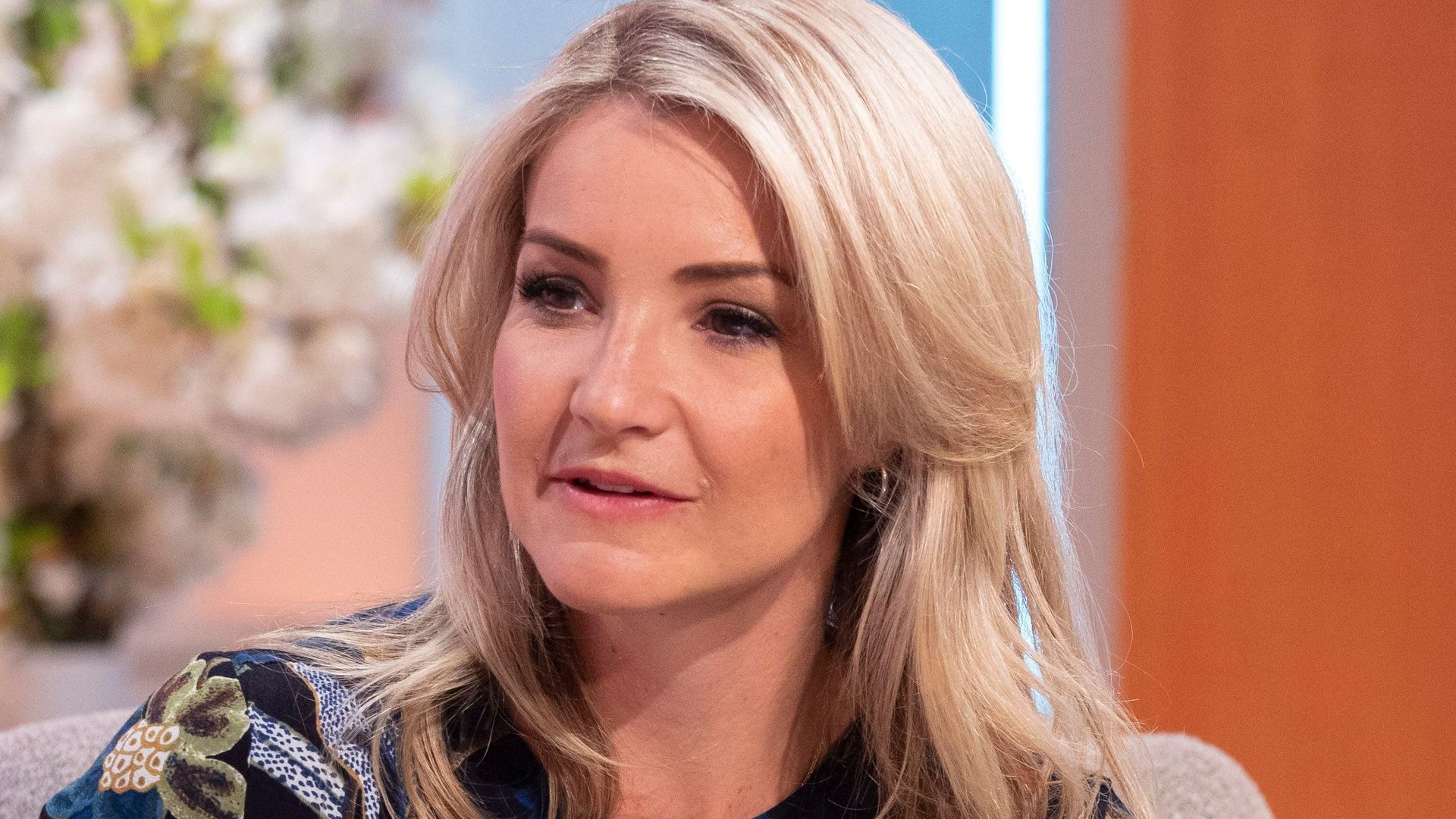 Helen Skelton in a black and blue embroidered dress