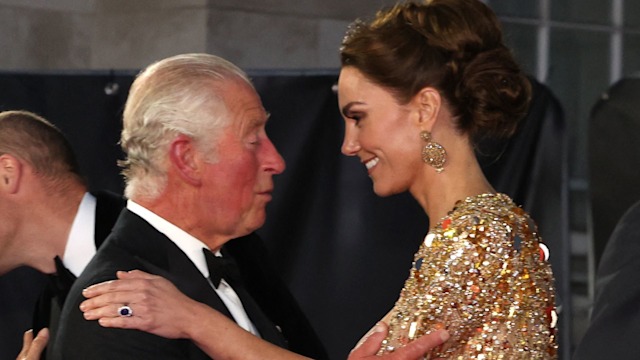 King Charles kisses Kate Middleton at Bond premiere