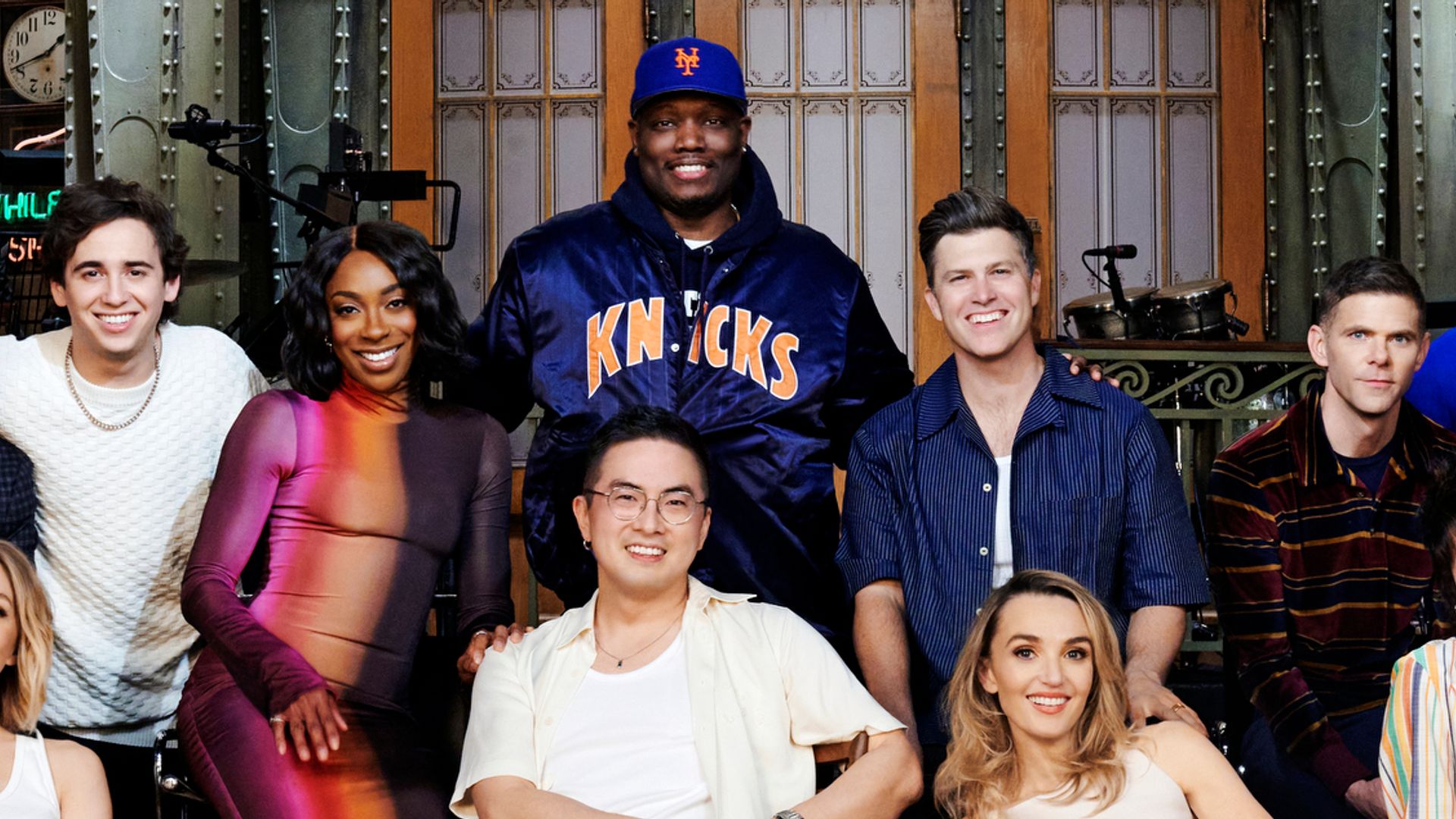 SATURDAY NIGHT LIVE -- Season 49 Cast Shot -- Pictured: (top row l-r) Andrew Dismukes, Punkie Johnson, James Austin Johnson, Marcello Hernandez, Ego Nwodim, Michael Che, Colin Jost, Mikey Day, Molly Kearney, Chloe Troast, Devon Walker; (bottom row l-r) Heidi Gardner, Bowen Yang, Chloe Fineman, Sarah Sherman, Michael Longfellow, Kenan Thompson -- (Photo by: Mary Ellen Matthews/NBC via Getty Images)